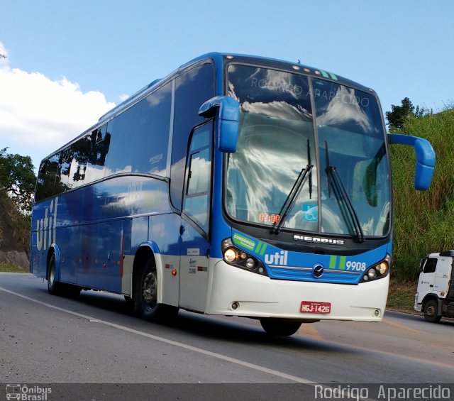 UTIL - União Transporte Interestadual de Luxo 9908 na cidade de Conselheiro Lafaiete, Minas Gerais, Brasil, por Rodrigo  Aparecido. Número da foto: #5049471.
