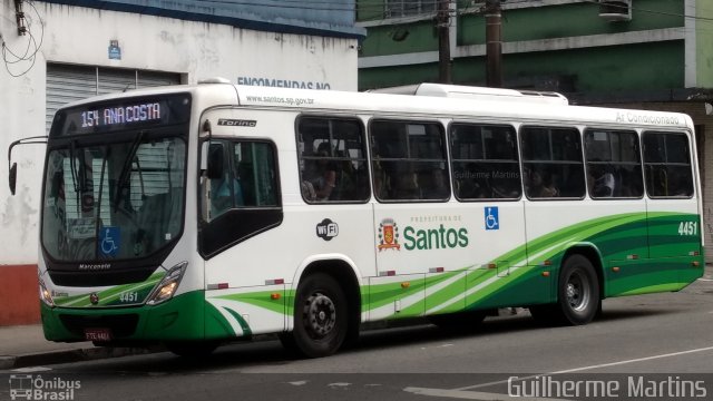 Viação Piracicabana Santos 4451 na cidade de Santos, São Paulo, Brasil, por Guilherme Martins. ID da foto: 5369079.